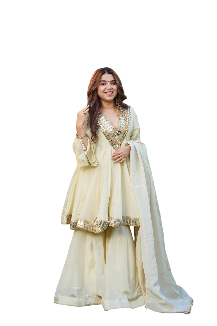 Ivory Mirror Work Kurta Sharara Set