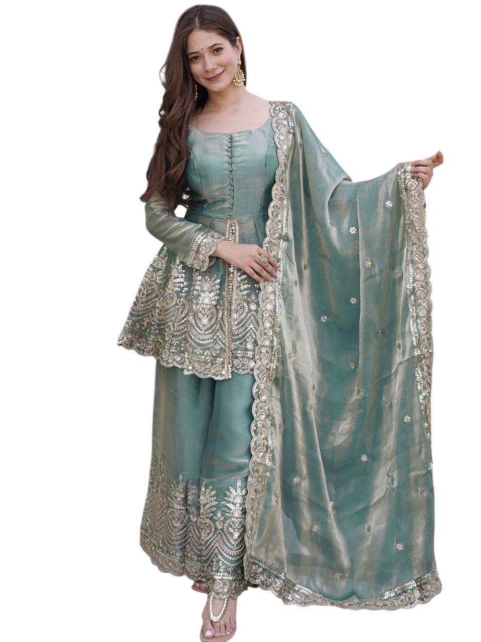 Sage Green Embroidered Peplum Sharara Set