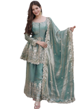 Sage Green Embroidered Peplum Sharara Set