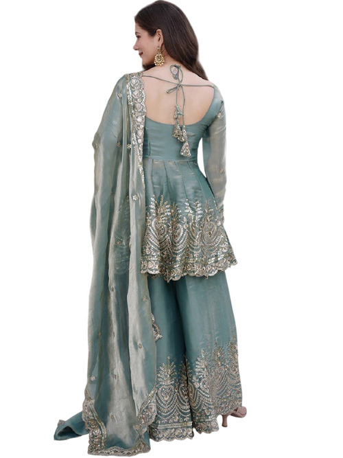 Sage Green Embroidered Peplum Sharara Set
